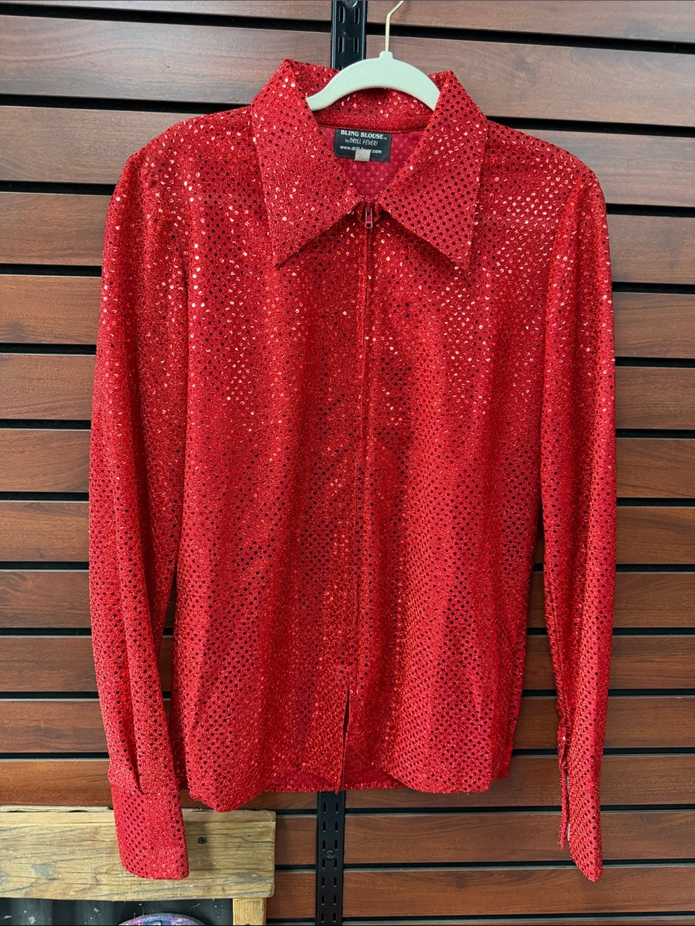 Red Sequin Zip-Front Button Down Shirt